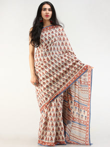 Beige Red Indigo Hand Block Printed  Cotton Mul Saree - s031704546