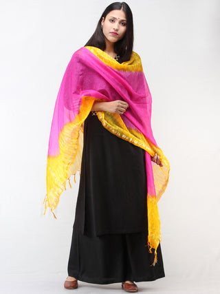Kota Doria Tie & Die Dupatta  With Zari Border - Hot Pink & Yellow - D04170900