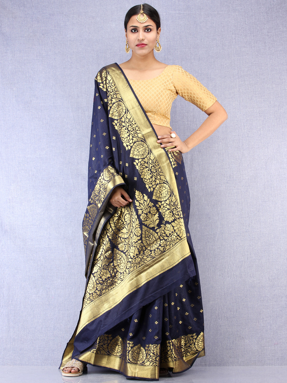 Banarasee Semi Silk Saree With Zari Border - Navy Blue Gold  - S031704384