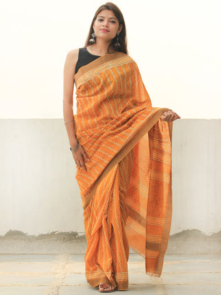 Golden Yellow Ivory Chanderi Silk Hand Block Printed Saree With Geecha Border - S031704107