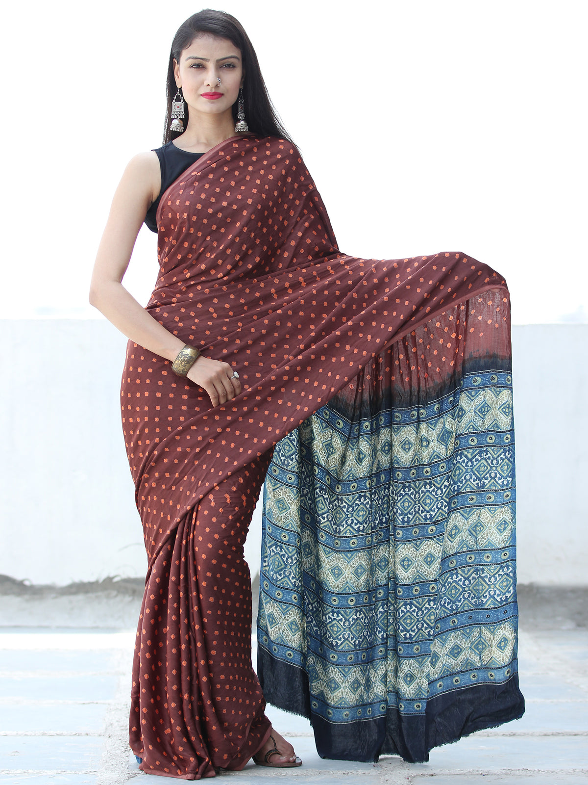 Brown Rust Black Indigo Bandhej Modal Silk Saree With Ajrakh Printed Pallu & Blouse - S031703879