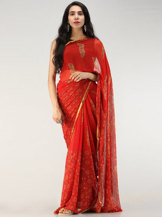 Red Yellow Hand Block Printed Chiffon Saree with Zari Border - S031704560