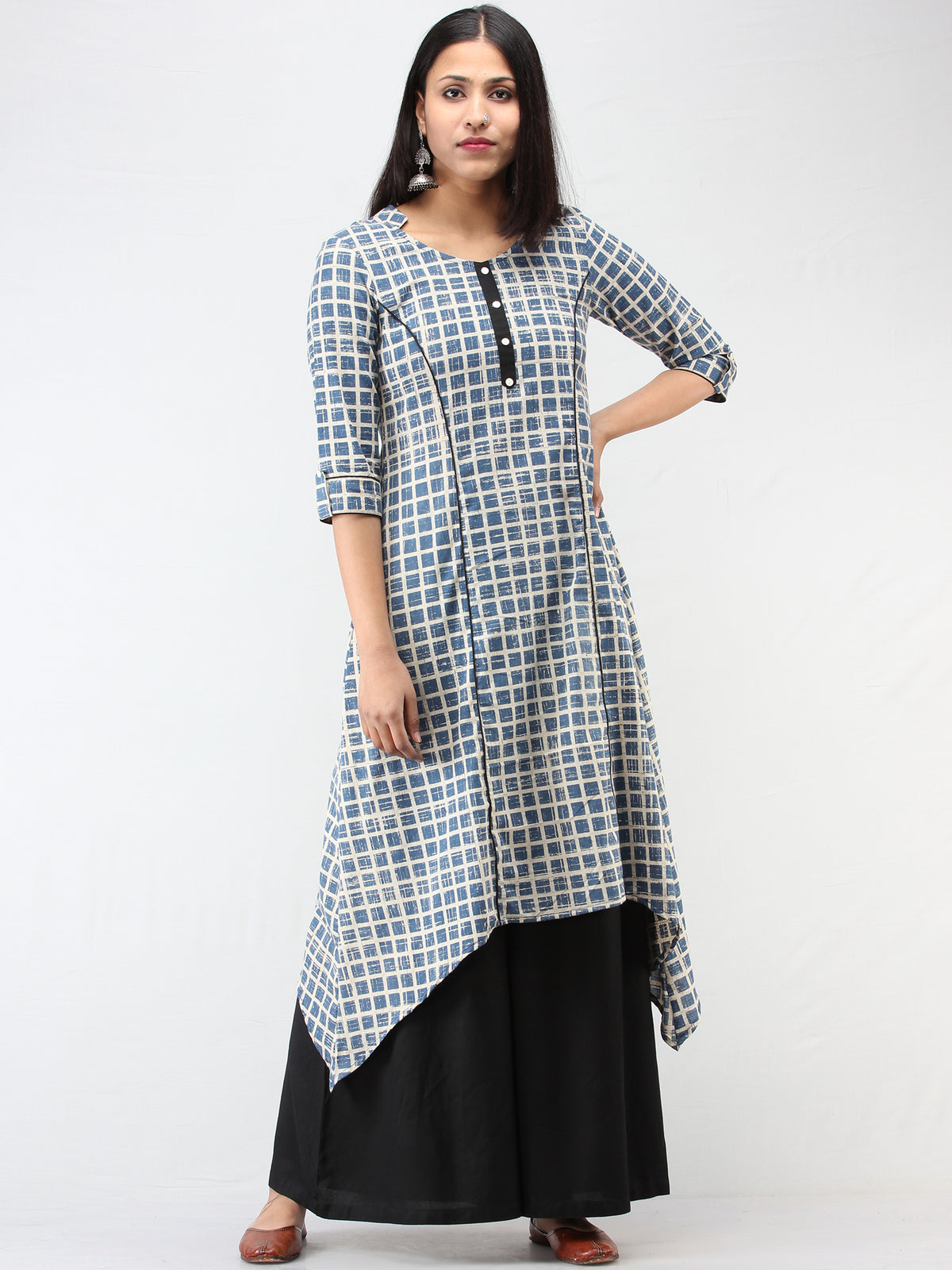 Indigo Ivory Ajrakh Hand Block Printed Cotton Asymmetric Kurta   - K212F1542