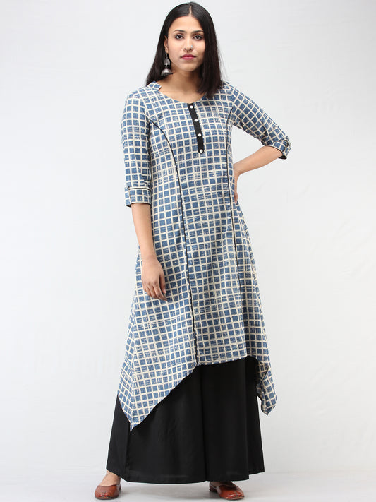 Indigo Ivory Ajrakh Hand Block Printed Cotton Asymmetric Kurta   - K212F1542