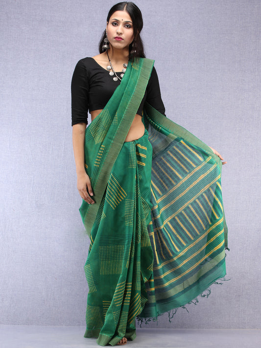 Green Yellow Hand Block Printed Chanderi Saree With Geecha Border - S031704515