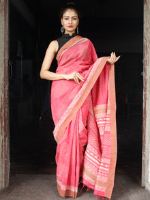 Pastel Pink Ivory Chanderi Silk Hand Block Printed Saree With Geecha Border - S031704007