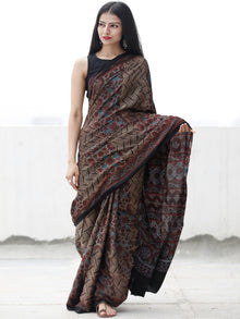 Black Beige Rust Blue Ajrakh Hand Block Printed Modal Silk Saree in Natural Colors - S031703702