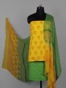 Yellow Orange Green Hand Block Printed Cotton Suit-Salwar Fabric With Chiffon Dupatta (Set of 3) - S16281285