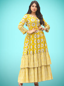 Rabia - Yellow Grey White Block Printed Long Ruffle Dress - D399F2018