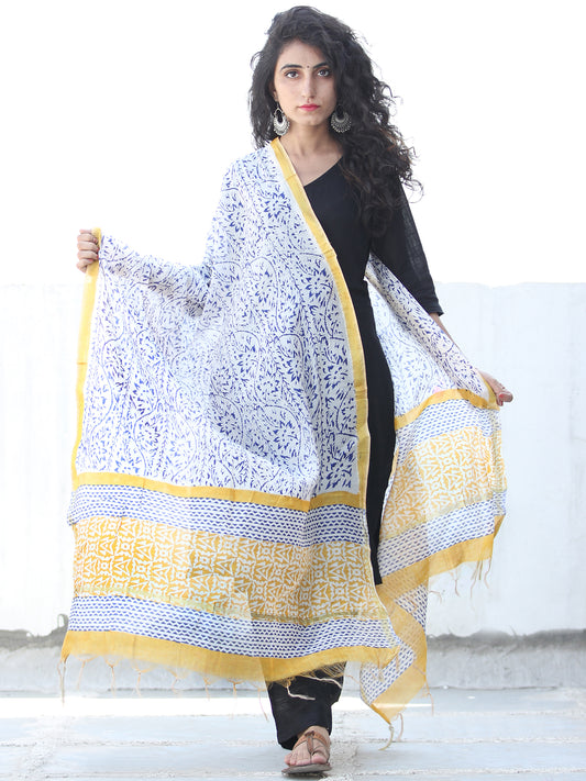 White Blue Yellow Chanderi Hand Block Printed Dupatta - D04170454