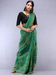 Green Yellow Hand Block Printed Chanderi Saree With Geecha Border - S031704515