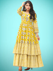 Rabia - Yellow Grey White Block Printed Long Ruffle Dress - D399F2018
