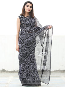 Black White Hand Block Printed Kota Doria Saree  - S031704075