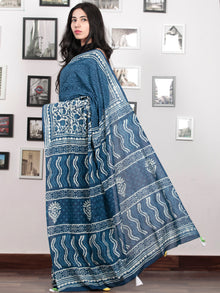 Indigo White Hand Block Printed Cotton Mul Saree With Potli Tassels  - S031703023