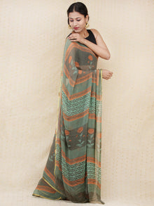 Grey Green Orange Hand Block Printed Chiffon Saree with Zari Border - s031704156