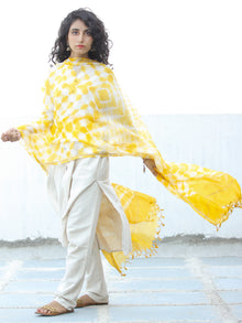 Yellow White Shibori Golden Kota Silk Hand Block Printed Dupatta - D04170636