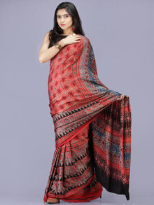 Red Indigo Black Ajrakh Hand Block Printed Modal Silk Saree - S031704185