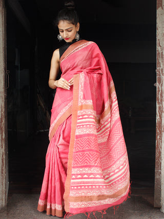 Pastel Pink Ivory Chanderi Silk Hand Block Printed Saree With Geecha Border - S031704007