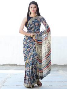 Indigo Ivory Red Hand Block Printed Chiffon Saree with Zari Border - S031703919