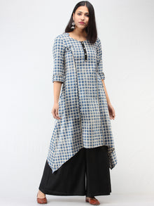 Indigo Ivory Ajrakh Hand Block Printed Cotton Asymmetric Kurta   - K212F1542