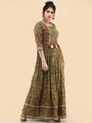 Naaz Ada - Hand Block Printed Long Cotton Dress With Gathers & Tassels - DS80F001