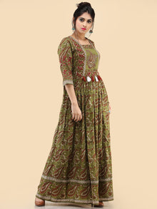 Naaz Ada - Hand Block Printed Long Cotton Dress With Gathers & Tassels - DS80F001