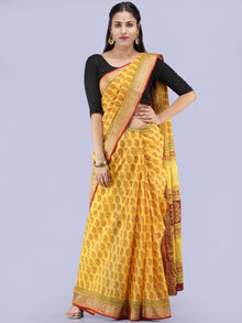 Yellow Red Bagh Printed Maheshwari Cotton Saree - S031704240