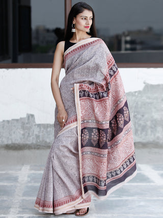 Off-White Maroon Black Bagh Hand Block Printed Maheswari Silk Saree With Resham Border - S031703834