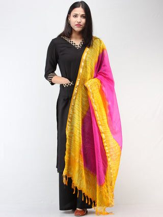 Kota Doria Tie & Die Dupatta  With Zari Border - Hot Pink & Yellow - D04170900
