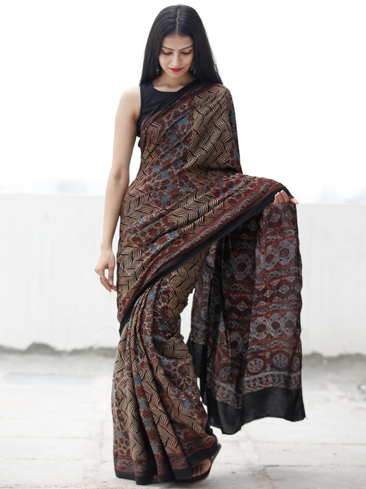 Black Beige Rust Blue Ajrakh Hand Block Printed Modal Silk Saree in Natural Colors - S031703702