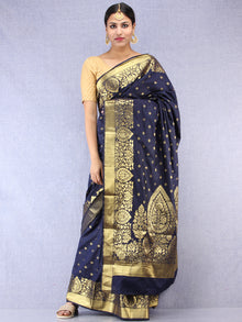 Banarasee Semi Silk Saree With Zari Border - Navy Blue Gold  - S031704384