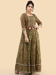 Naaz Ada - Hand Block Printed Long Cotton Dress With Gathers & Tassels - DS80F001