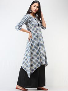 Indigo Ivory Ajrakh Hand Block Printed Cotton Asymmetric Kurta   - K212F1542