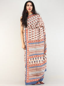Beige Red Indigo Hand Block Printed  Cotton Mul Saree - s031704546
