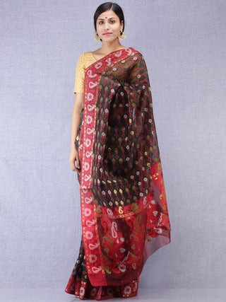 Banarasee Organza Saree With Zari & Resham Work - Black Red & Gold - S031704315