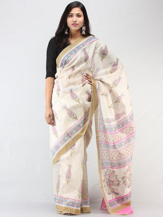 White Pink Blue Chanderi Hand Block Printed Saree With Geecha Border - S031704462