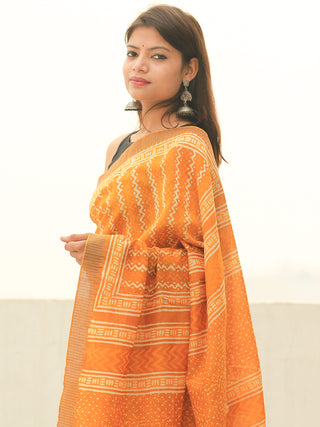 Golden Yellow Ivory Chanderi Silk Hand Block Printed Saree With Geecha Border - S031704107