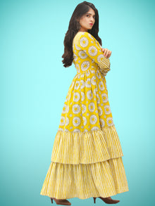 Rabia - Yellow Grey White Block Printed Long Ruffle Dress - D399F2018
