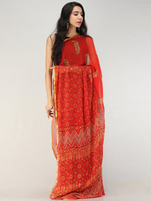 Red Yellow Hand Block Printed Chiffon Saree with Zari Border - S031704560
