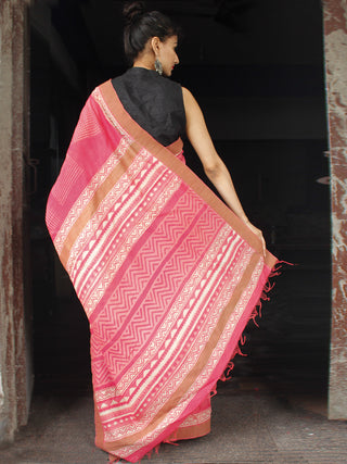 Pastel Pink Ivory Chanderi Silk Hand Block Printed Saree With Geecha Border - S031704007