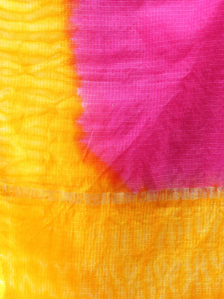 Kota Doria Tie & Die Dupatta  With Zari Border - Hot Pink & Yellow - D04170900