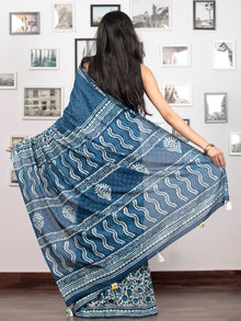 Indigo White Hand Block Printed Cotton Mul Saree With Potli Tassels  - S031703023