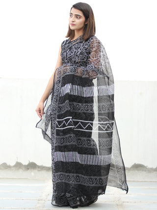 Black White Hand Block Printed Kota Doria Saree  - S031704075