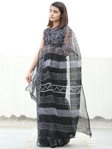 Black White Hand Block Printed Kota Doria Saree  - S031704075