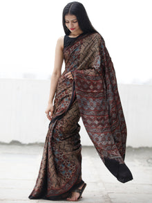 Black Beige Rust Blue Ajrakh Hand Block Printed Modal Silk Saree in Natural Colors - S031703702