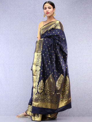 Banarasee Semi Silk Saree With Zari Border - Navy Blue Gold  - S031704384
