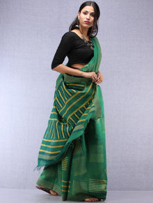Green Yellow Hand Block Printed Chanderi Saree With Geecha Border - S031704515