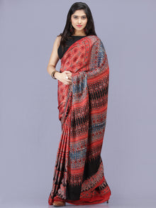 Red Indigo Black Ajrakh Hand Block Printed Modal Silk Saree - S031704185
