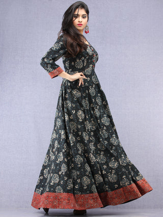 Nazmin - Hand Block Printed Long Cotton Dress With Back Knots  - D162F1823