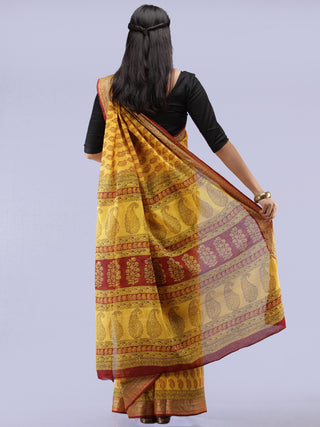Yellow Red Bagh Printed Maheshwari Cotton Saree - S031704240